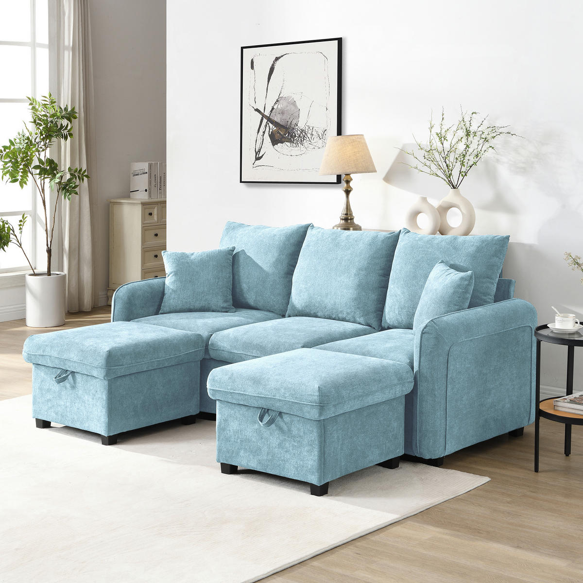 ECKSOFA 4-Sitzer Chenille Blau mit Schlaffunktion, Schubladen, Stauraum und inkl. Hocker - Blau, Holzwerkstoff/Kunststoff (188/186cm) - WISHDOR