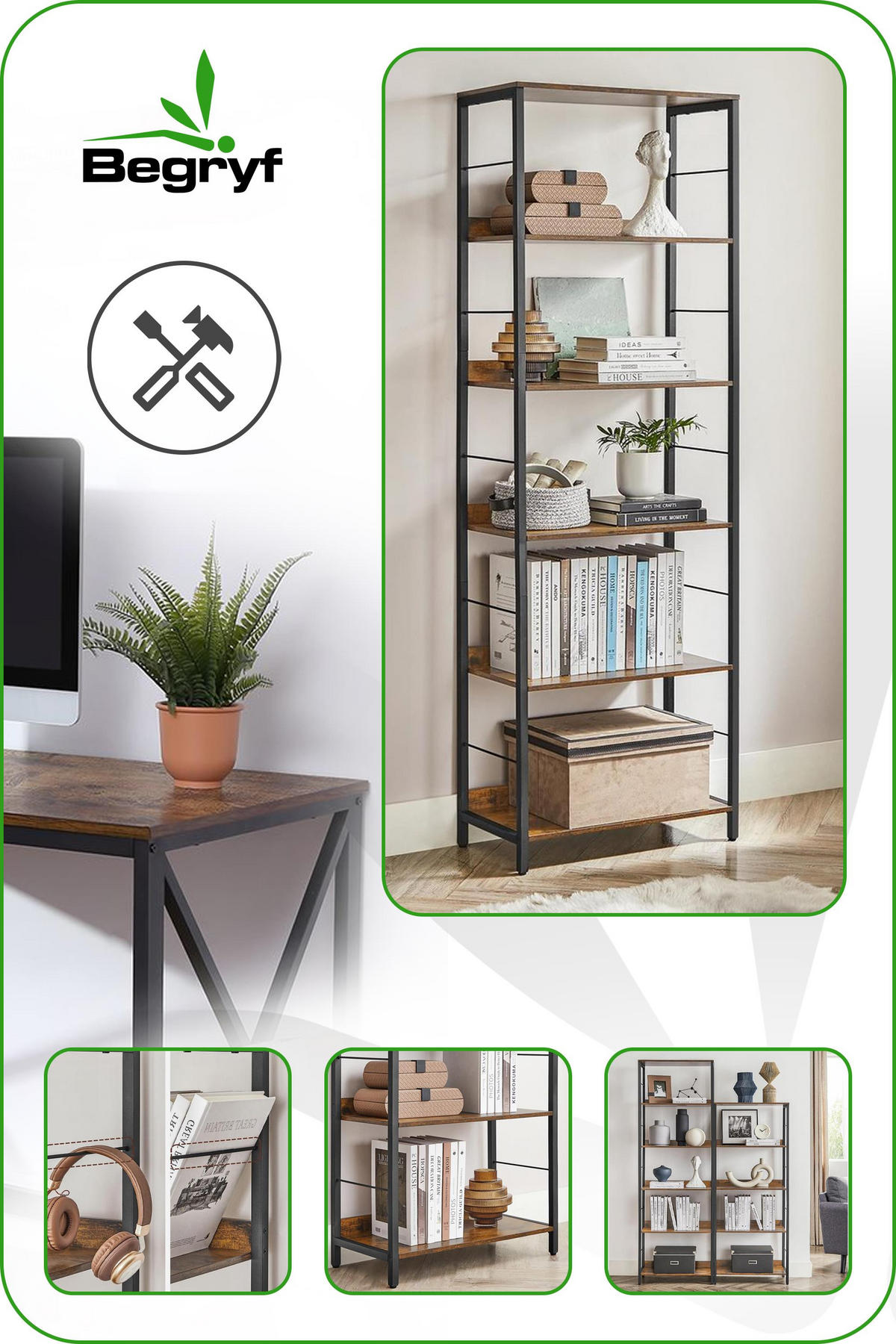 STANDREGAL Holzoptik Metall Dunkelbraun Schwarz 6 Ebenen 178×60×30 cm - Dunkelbraun/Schwarz, Holzwerkstoff/Metall (60/178/30cm) - Begryf