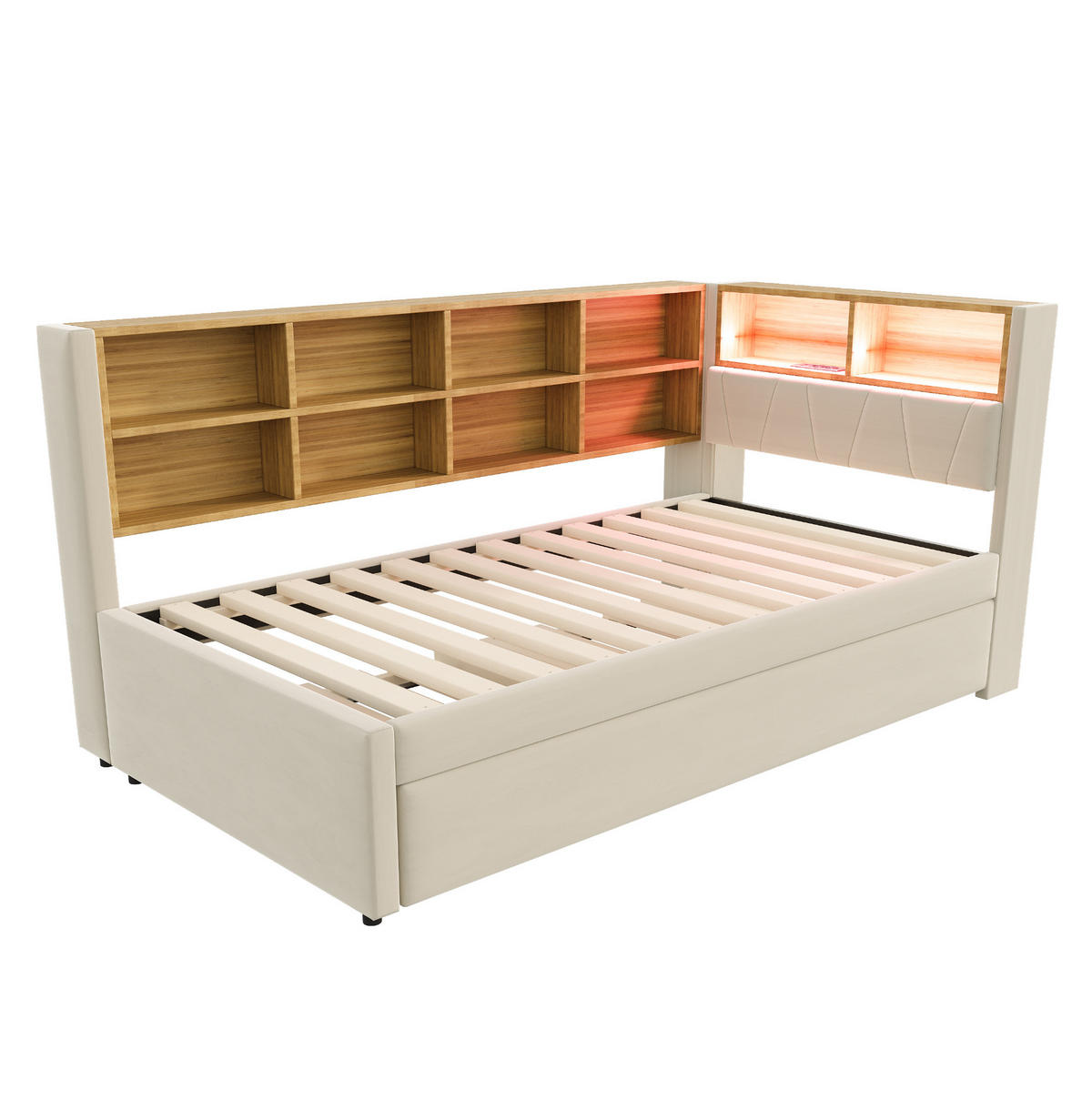 POLSTERBETT 90/200 cm Beige mit LED-Beleuchtung, Stauraum und USB- und Type-C-Anschlüssen - Beige, Textil (90/200cm) - Flora Grace
