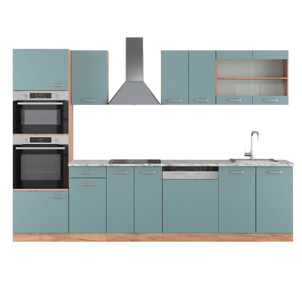 KÜCHENZEILE R-Line Blau-Grau/Goldkraft Eiche 300 cm mit Hochschrank AP Marmor - Eiche Wotan/Blaugrau, Holzwerkstoff (300/81.6/60cm) - Vicco
