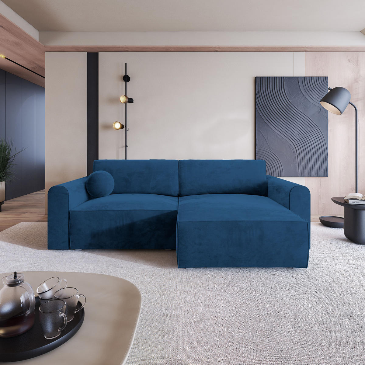 ECKSOFA FIANO M Blau Velours-Stoff mit Schlaffunktion - Blau/Grau, Holz/Kunststoff (245/148cm) - MASSENO