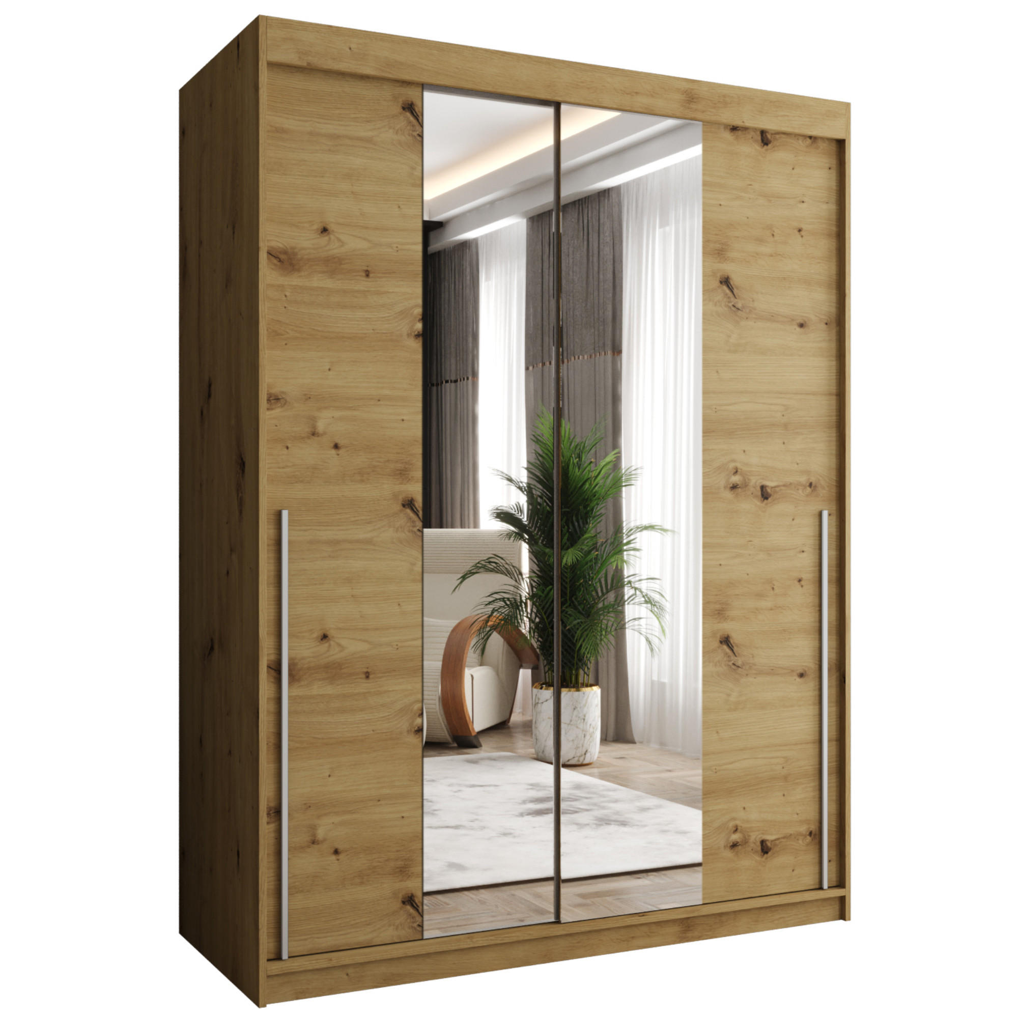 SCHIEBETÜRENSCHRANK mit Spiegel 150 cm Breite Artisan mit silbernem Griff - Silberfarben/Eiche Artisan, Holzwerkstoff (150/200/62cm) - Home Collective
