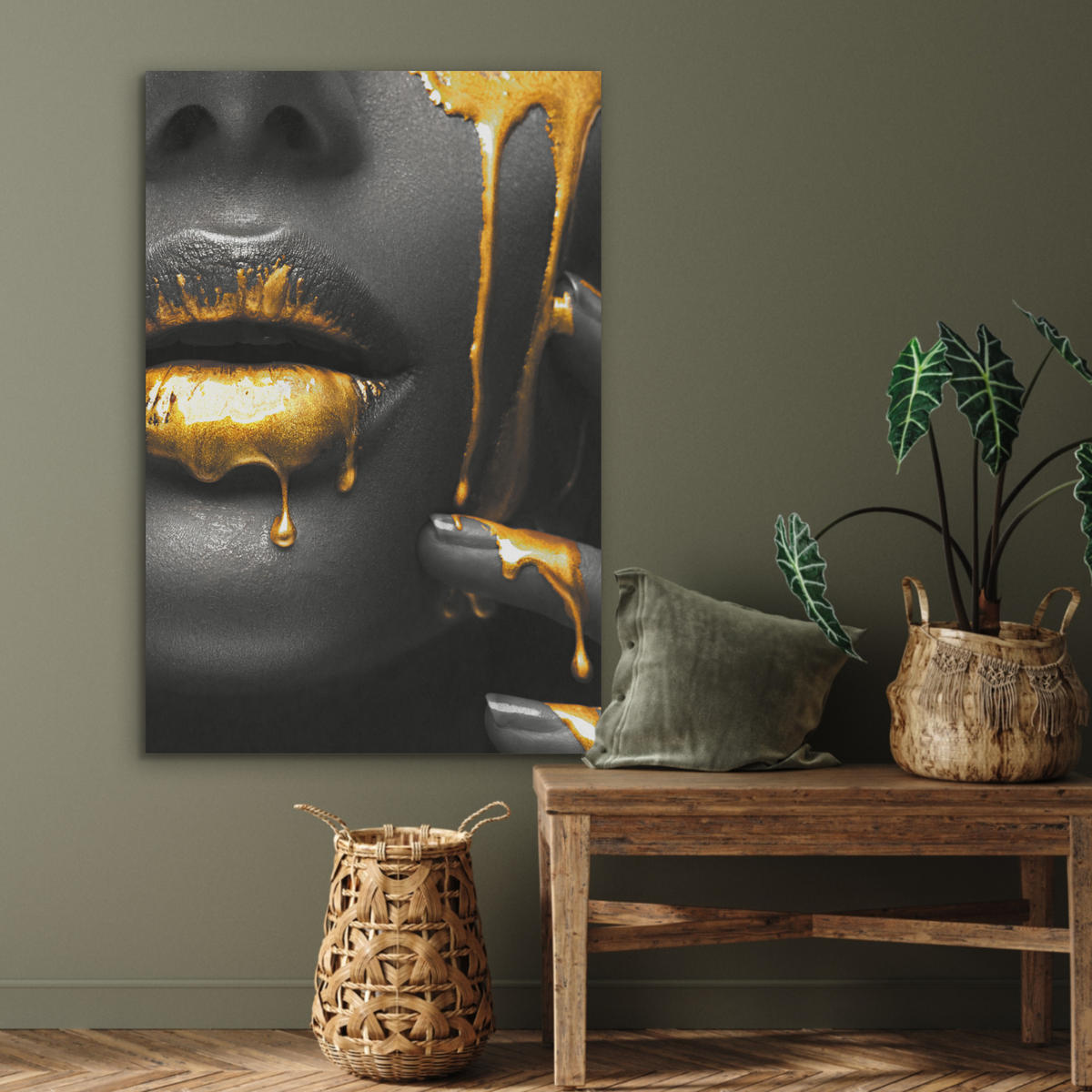 AKUSTIKBILD Frau - Schwarz - Gold - Gesicht - Lippen Wanddeko 60x90 cm - Goldfarben, Kunststoff (60/90/0.9cm) - MuchoWow