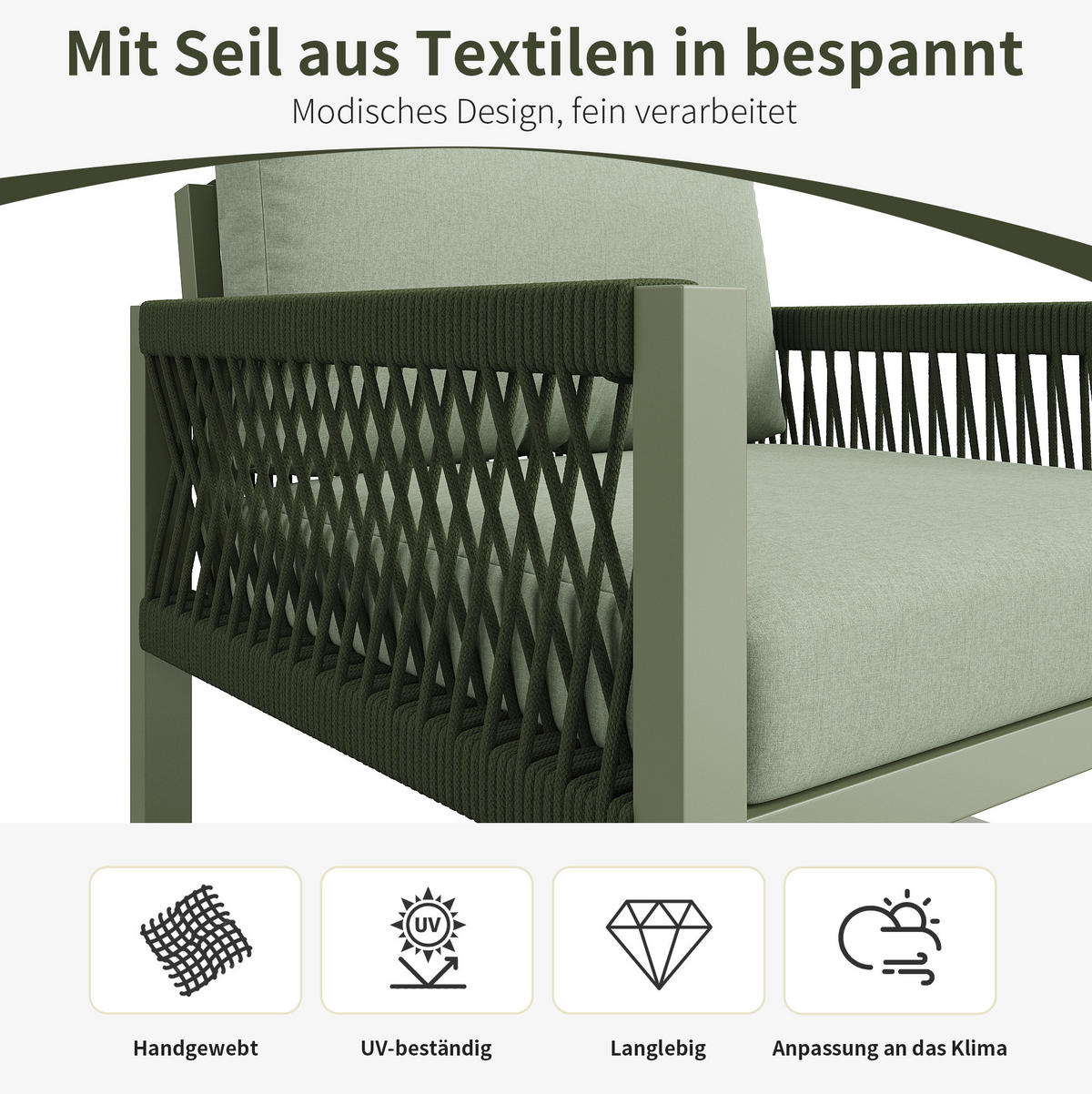GARTEN-LOUNGE-SET mit Glas-Couchtisch & Seilgeflecht, 4-teilig, 126/65/72 cm, Grün - Grün, Metall - Redom
