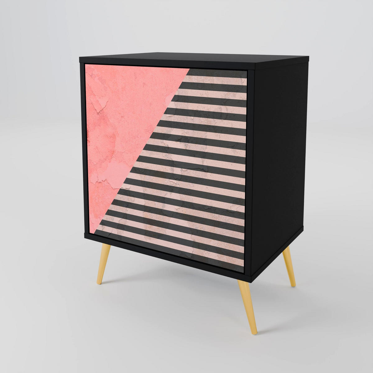 SIDEBOARD GLAMOROUS STRIPE, Schwarz, 57,5x42x67,5 cm, Schwarze Metall-Rahmenfüße - Multicolor/Schwarz, Holzwerkstoff/Metall (57.5/67.5/42cm) - SpaceRebels