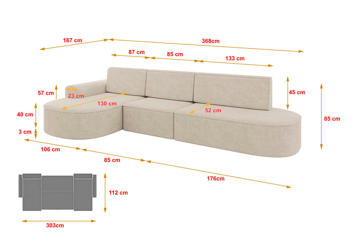 ECKSOFA mit Schlaffunktion Ottomane Links MARI L2-S 368X167X85 Beige Velours - Sandfarben/Schwarz, Holzwerkstoff/Kunststoff (368/167cm) - ALTDECOR