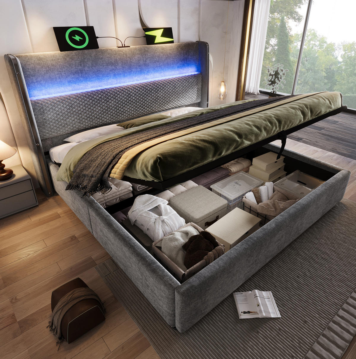 BETT mit Stauraum 140x200 cm Leinenoptik Grau inkl. Matratze - Grau, Metall (140/200cm) - Meubliv