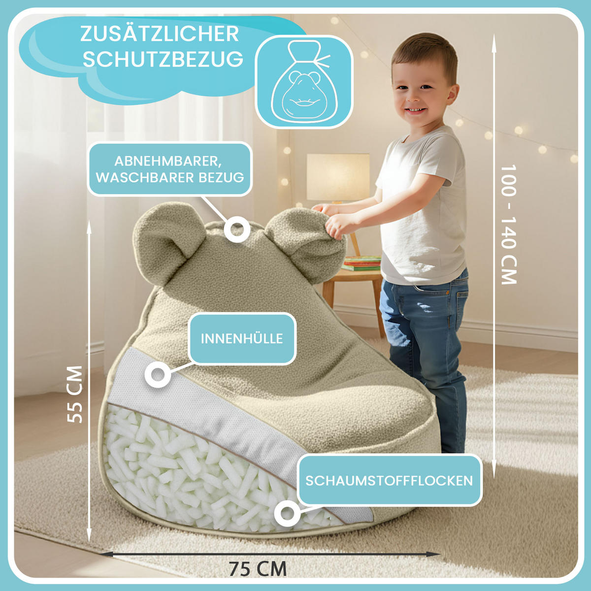 SITZSACK FÜR KINDER Maus 75/75/55 cm, weicher Bouclé 315 g/m², abnehmbarer Bezug, Toasted Almond - Beige, Textil (75/55/75cm) - Dreamroots