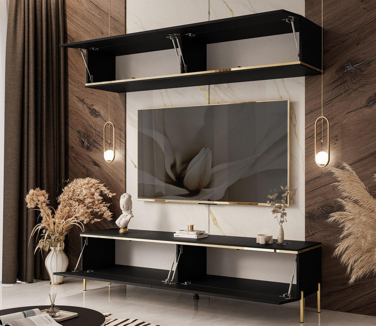 WOHNWAND AURORA in Schwarz Matt mit gerade Goldchrom Fuße - Goldfarben/Schwarz, Holzwerkstoff/Metall (180/46/40cm) - Lookway