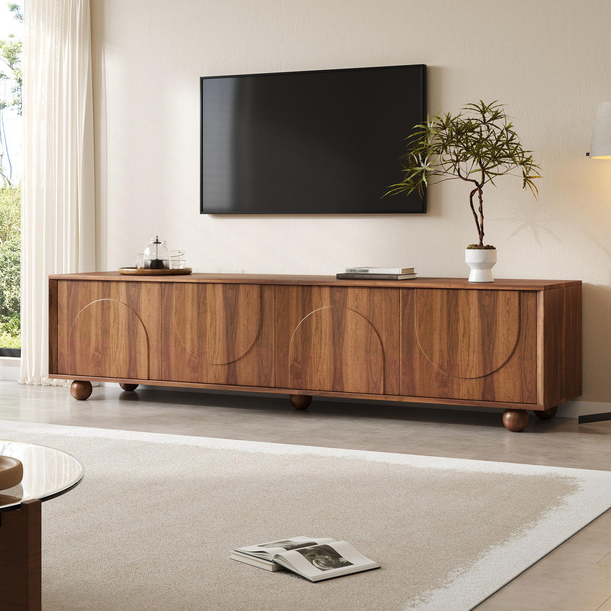 TV-RACK 180cm NussbaumHolzdekor RetroFernsehbank PushtoOpen - Walnussfarben, Holz (48.01/18.01/115.01cm) - Raelunyi