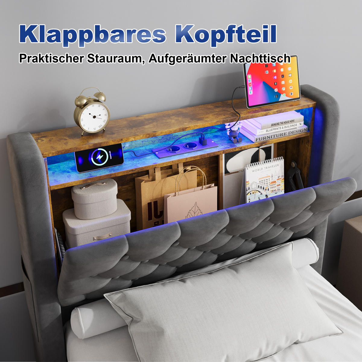 POLSTERBETT aus Samt 90x200 cm Grau mit LED-Beleuchtung & USB-Anschlüsse mit hydraulischem Stauraum - Grau, Textil (90/200cm) - Modfu