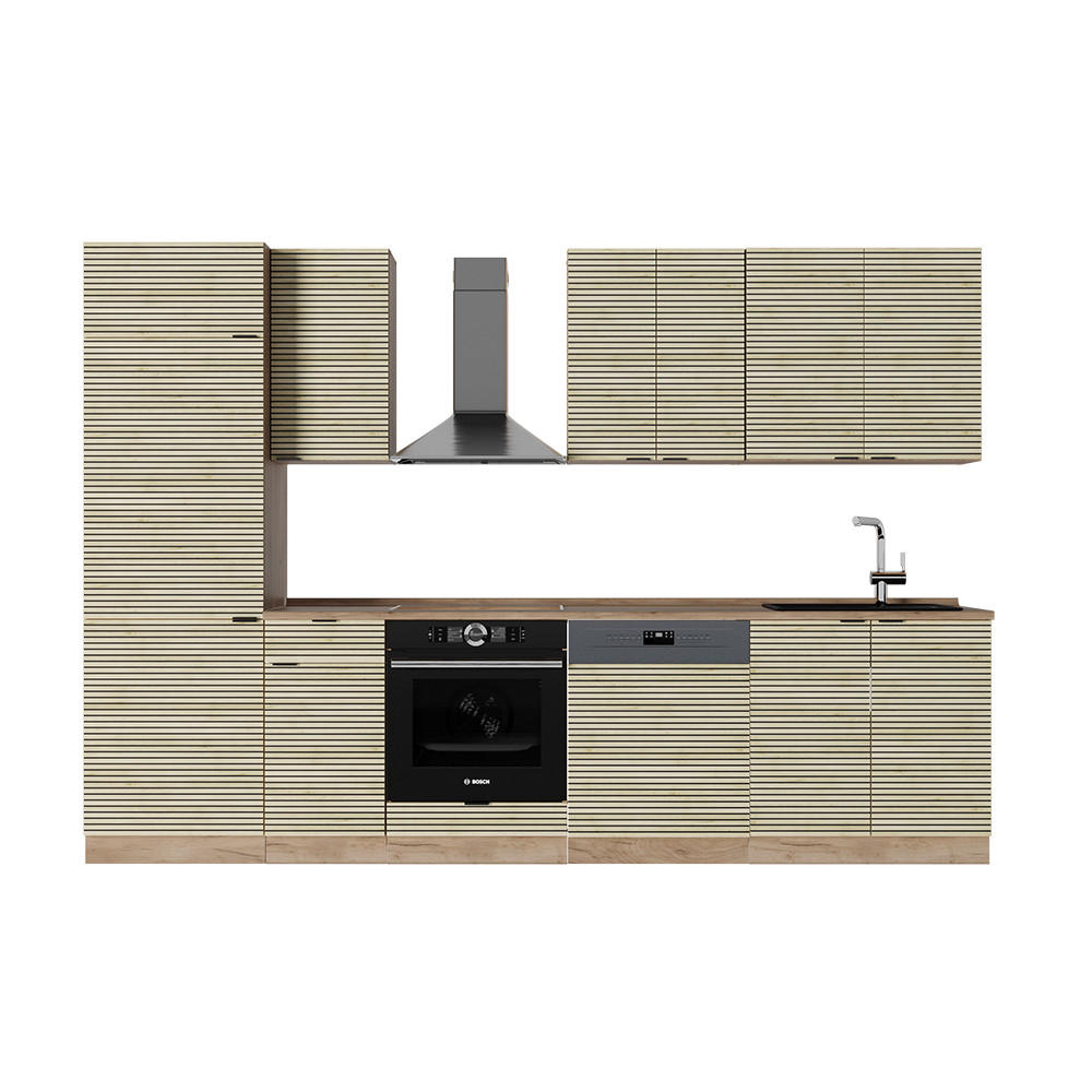 KÜCHENZEILE Fame-Line Eiche Paneel/Goldkraft Eiche 300 cm , AP Eiche - Hellbraun/Eiche Wotan, Holzwerkstoff (300/81.6/60cm) - Vicco