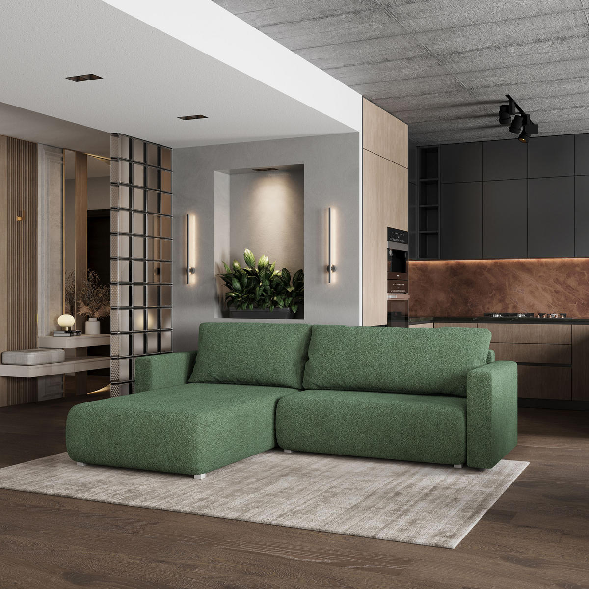 ROHOVÁ SEDAČKA TURIN zelená barva - šedá/zelená barva, dřevo/textil (265/183cm) - MASSENO