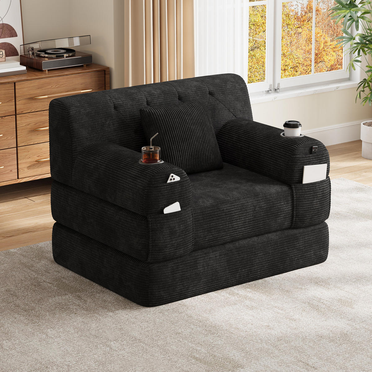 SCHLAFSESSEL Cord komprimiert, DE-42543, Schwarz - Schwarz, Metall (107/81/80cm) - ComfortXL