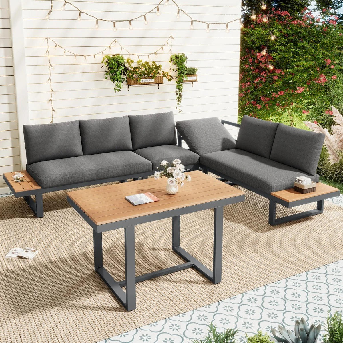 DINING-LOUNGESET Grau, 5-fach Neigung verstellbar - Grau, Textil - Kaket