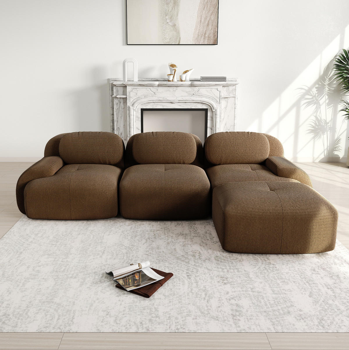 ECKSOFA in Braun aus Cord mit ergonomischem Design und ohne Montage - Braun, Textil (178/298cm) - Flora Grace