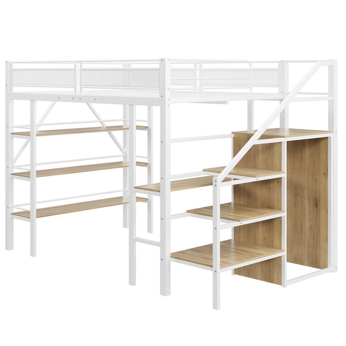 HOCHBETT mit Schreibtisch 140/200 cm in Weiß – mit Kleiderschrank, Stauraum und Treppe - Weiß, Metall (140/200cm) - BEAOK
