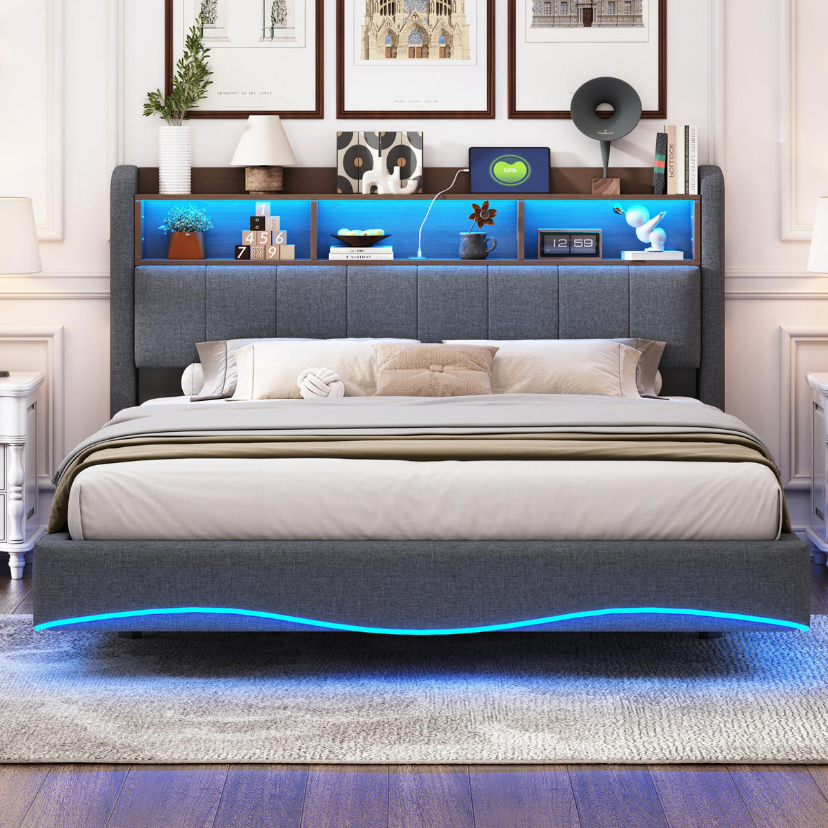 POLSTERBETT aus Stoff 160x200 cm Grau mit LED-Beleuchtung, USB-, Typ-C-Anschluss und Stauraum am Kopfteil - Grau, Textil (160/200cm) - Modfu