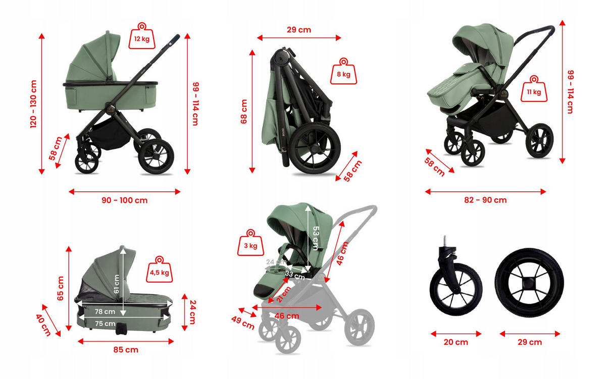 KINDERWAGEN Boldo 4in1 Grau Babywanne, Reisebuggy, Autositz, Isofix Basis - Schwarz/Grün, Textil/Metall (58/98cm) - BabyLux