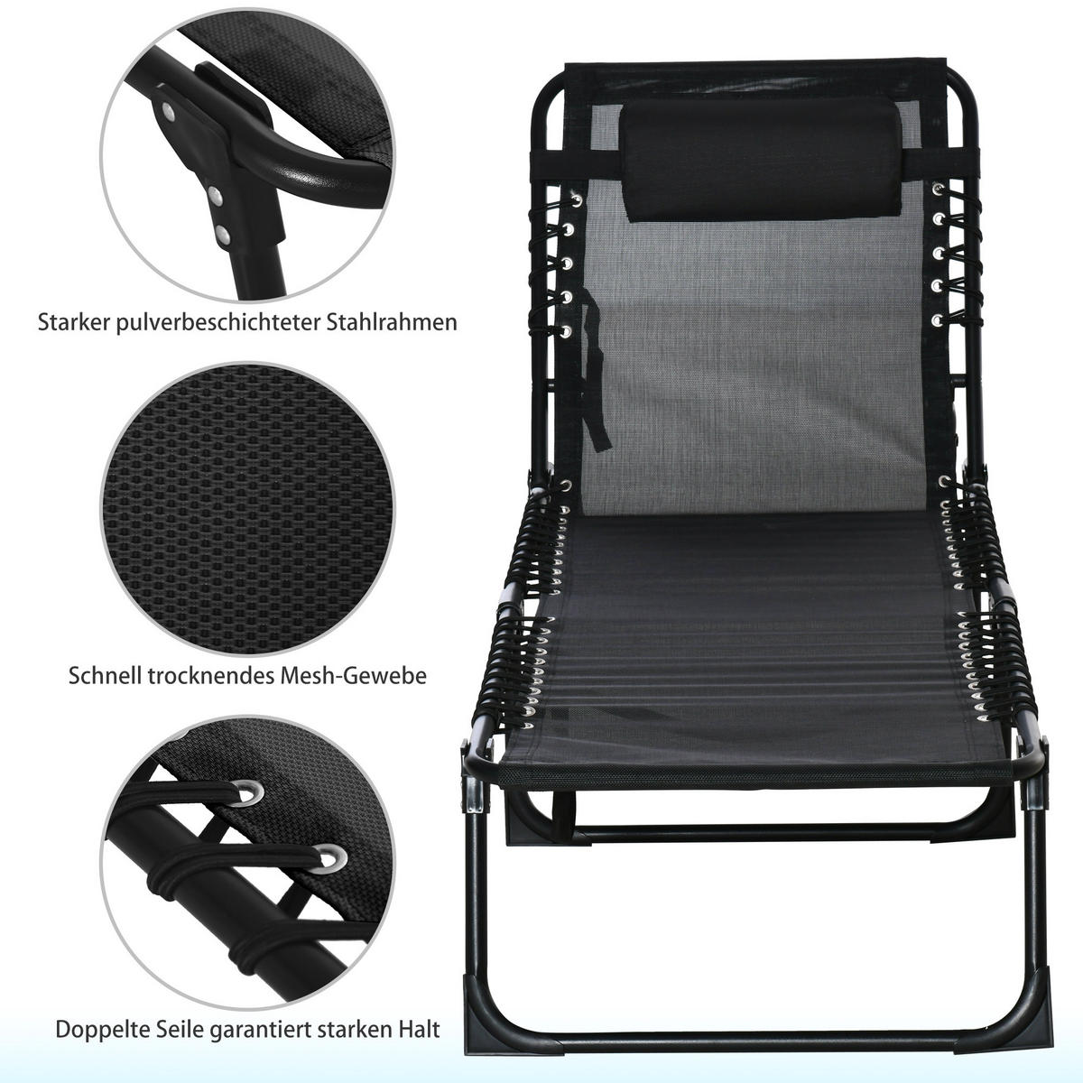 GARTENLIEGE 4-stufige Rückenlehne verstellbar Stahl Mesh-Stoff Schwarz 197 x 58 x 30 cm - Schwarz, Kunststoff/Metall (58/30/197cm) - Outsunny