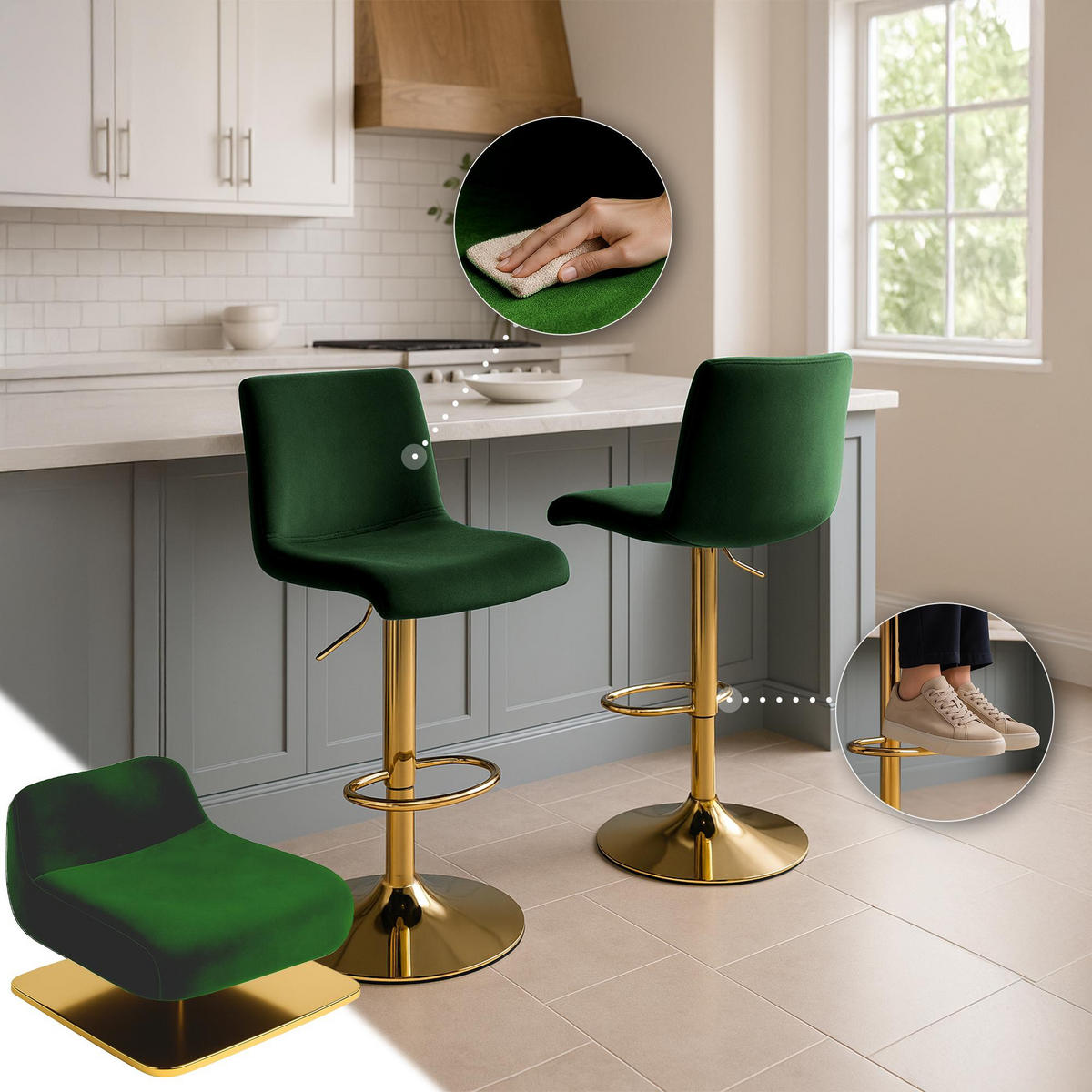 BARHOCKER Samt Grün - Grün, Textil (39/83/36cm) - CLP