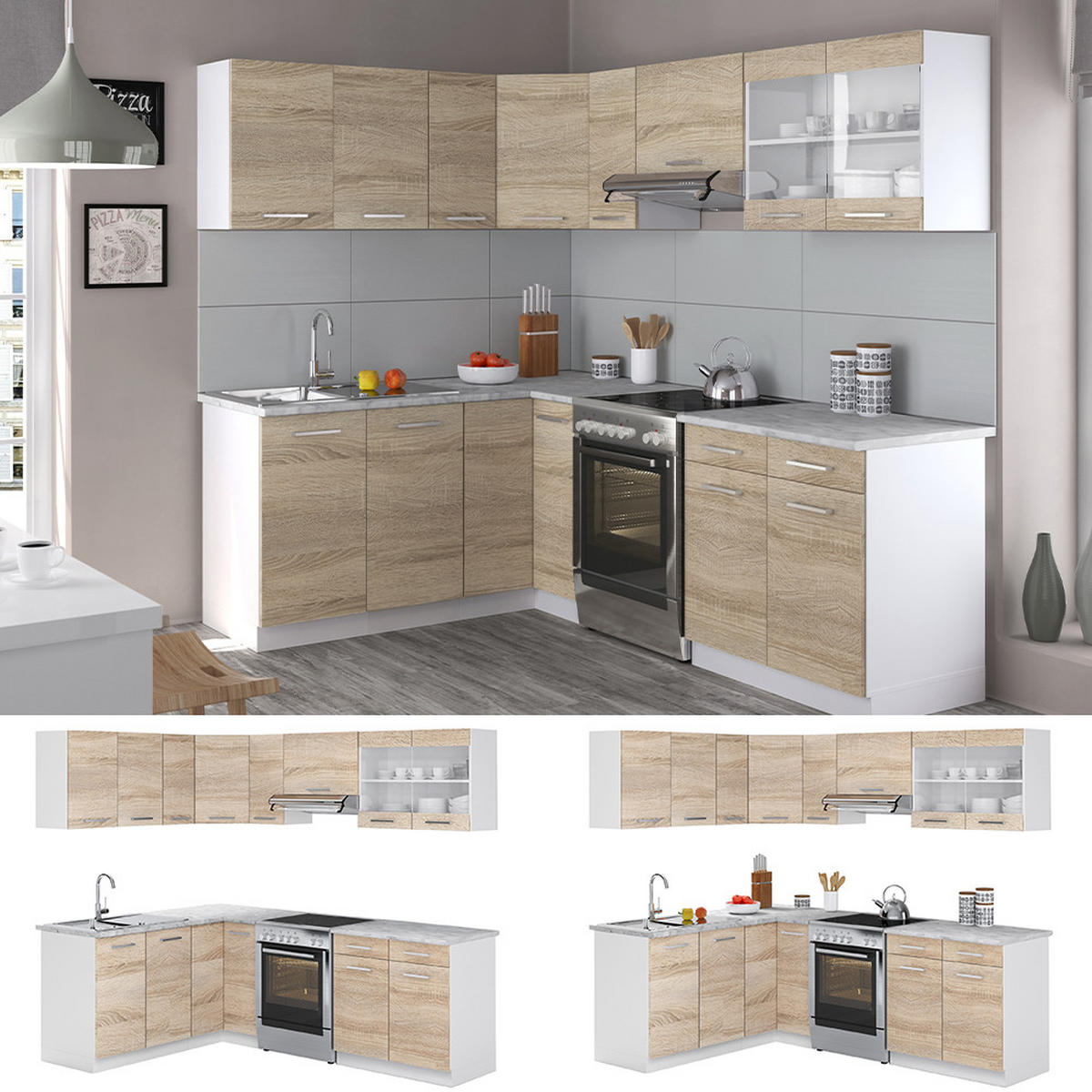 ECKKÜCHE Rick Weiß/Sonoma 227 x 167 cm , AP Marmor - Weiß, Holzwerkstoff (230/81.6/60cm) - Vicco