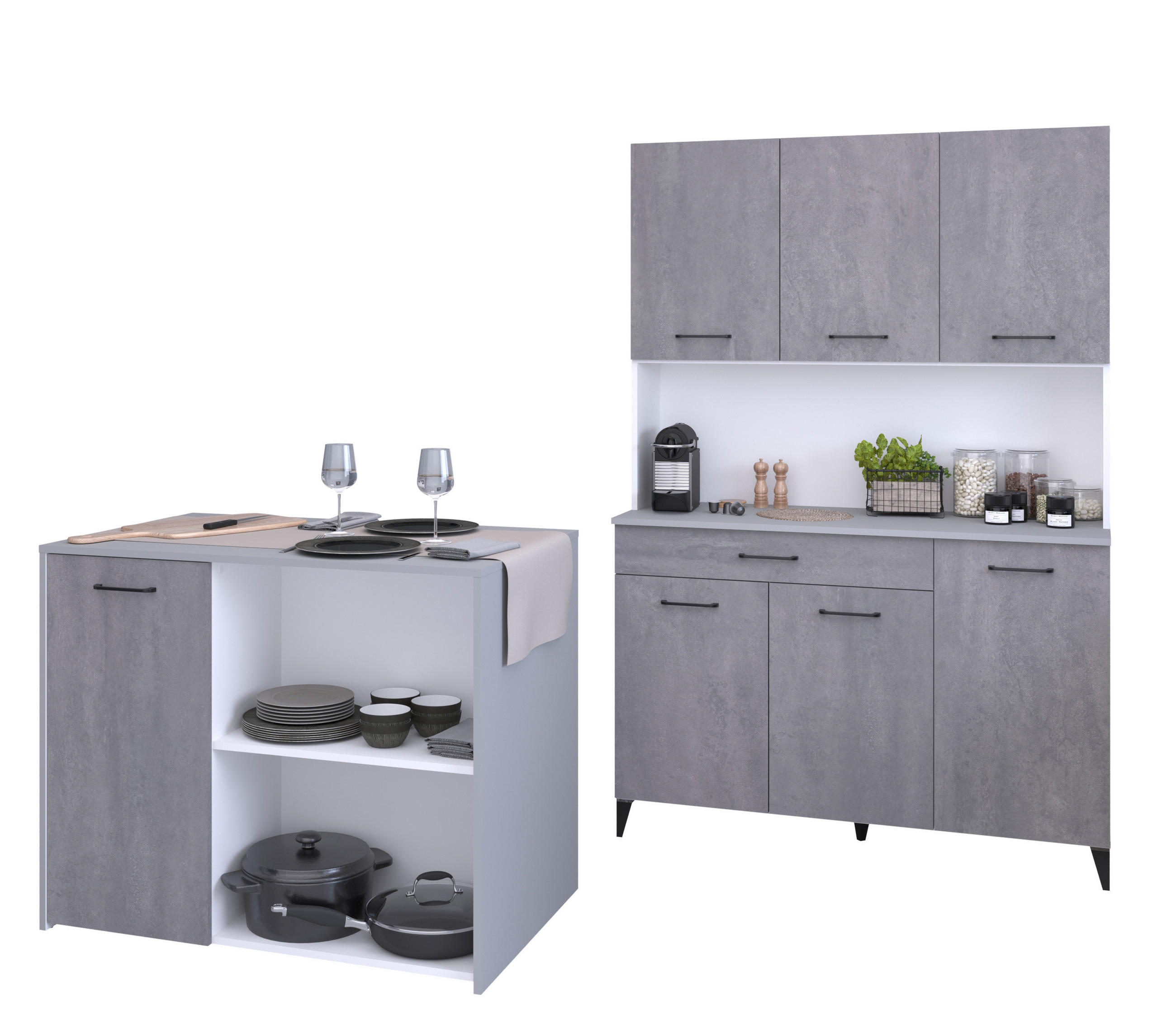 KÜCHENMÖBEL Malice 3 in Weiß und Beton 2teilig Küchenbuffet mit Kücheninsel - Weiß, Holzwerkstoff (80/200/120cm)