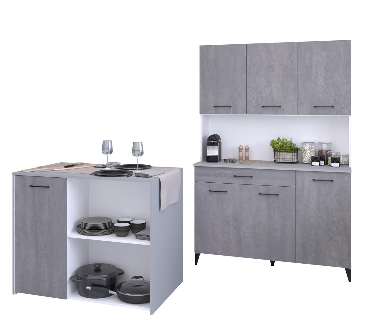 KÜCHENMÖBEL Malice 4 in Weiß und Beton 2teilig Küchenbuffet mit Kücheninsel - Weiß, Holzwerkstoff (80/200/120cm)