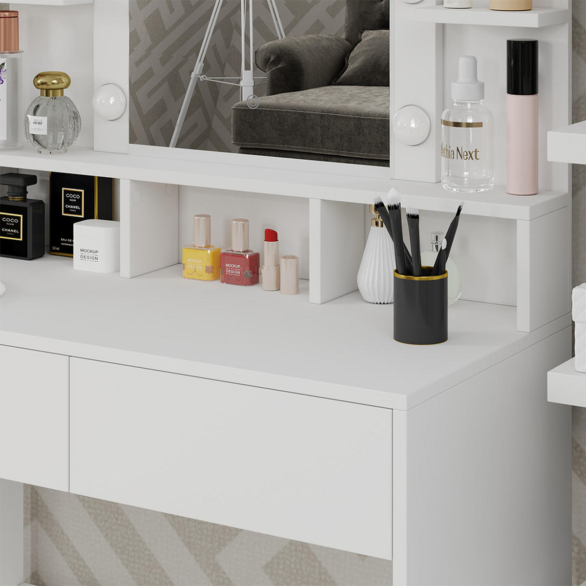 SCHMINKTISCH Taylor Weiß 80 cm mit LED Beleuchtung und Hocker - Weiß, Holzwerkstoff (80/146.5/40cm) - Vicco