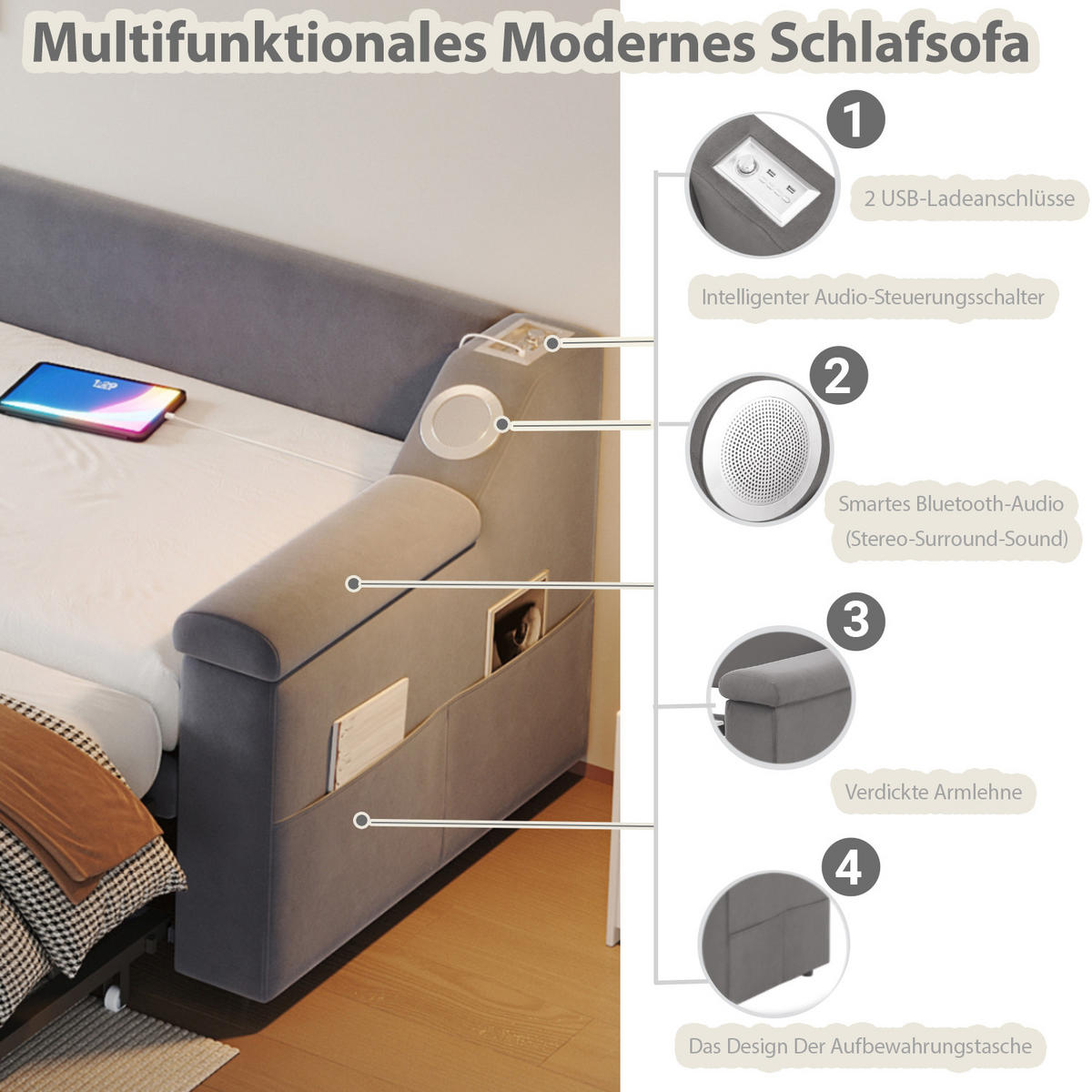 POLSTERBETT 90/180x190 Grau Samt USB - Grau, Textil (180/190cm) - FLIEKS