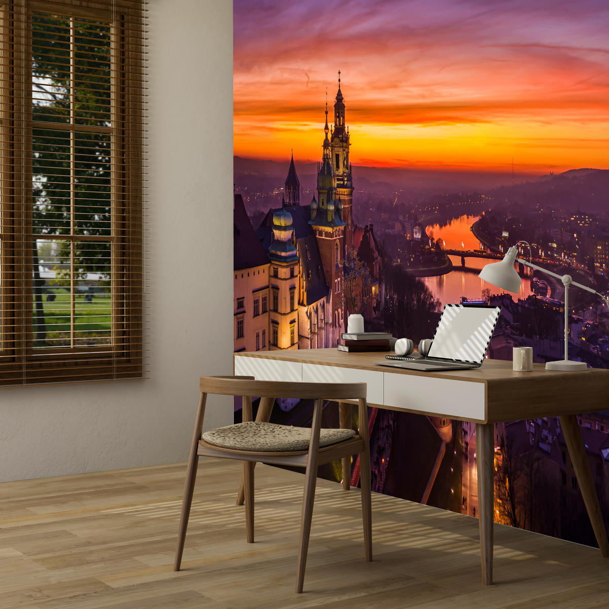 FOTOTAPETE für Wohnzimmer Sonnenuntergang Wawelburg Architektur Stadt 300x210 - Orange, Papier (300/210cm) - Muralo