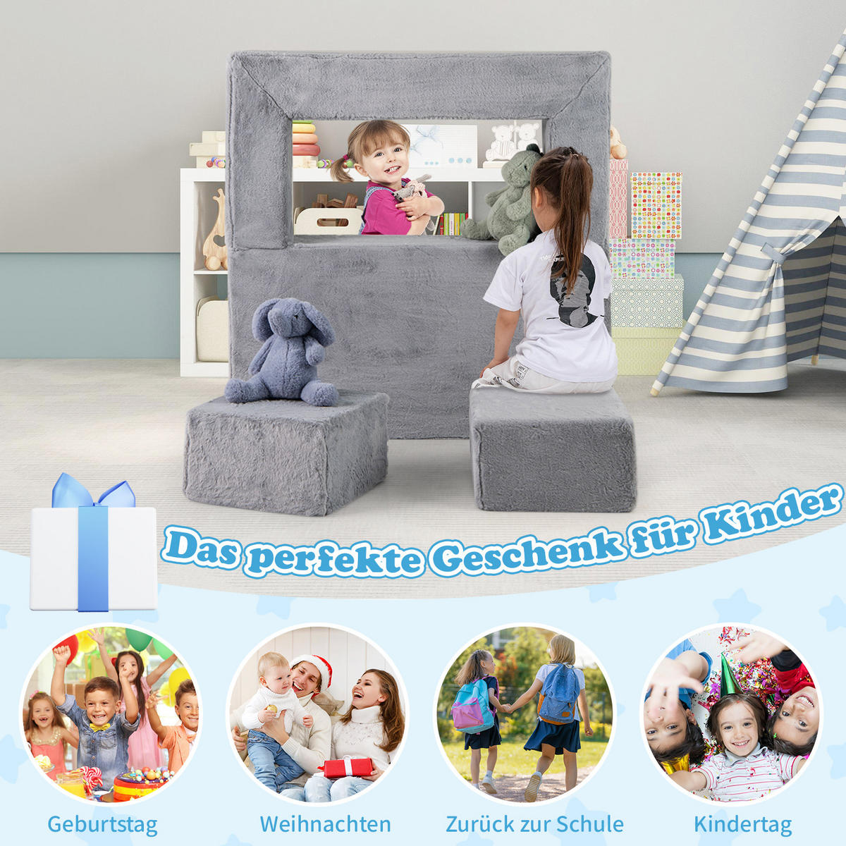 KINDERSOFA 42cm Grau - Grau, Textil (52/42/100cm) - COSTWAY