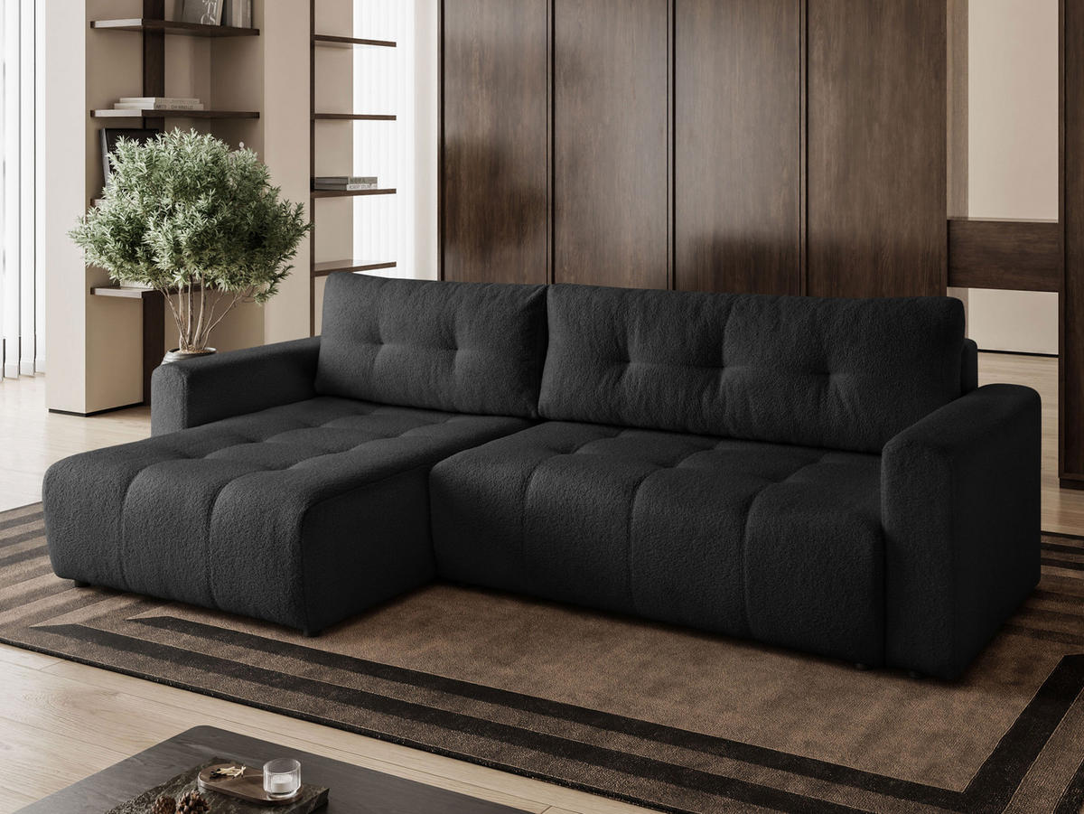 ECKSOFA Viola in L-Form, schwarz, Lammfelloptik, 261 x 143 cm mit Schlaffunktion und Bettkasten - Schwarz, Textil (261/143cm) - Margaret Hadas24