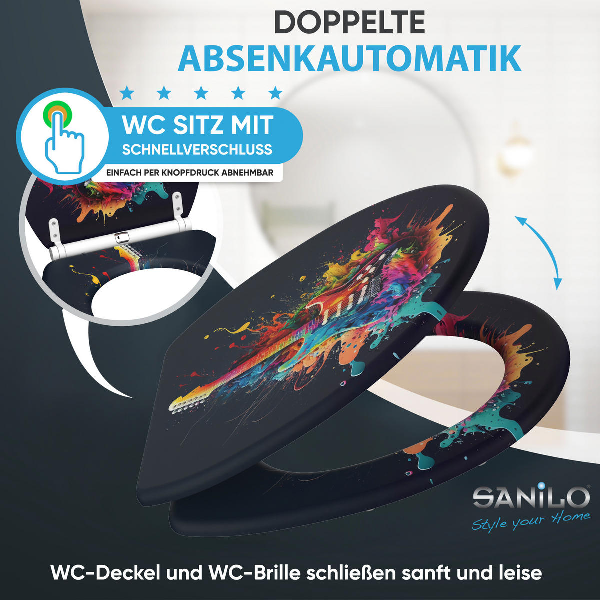WC-SITZ mit Absenkautomatik & Top Fix Guitar - Schwarz, Holzwerkstoff (37.7/5.5/48cm) - Sanilo