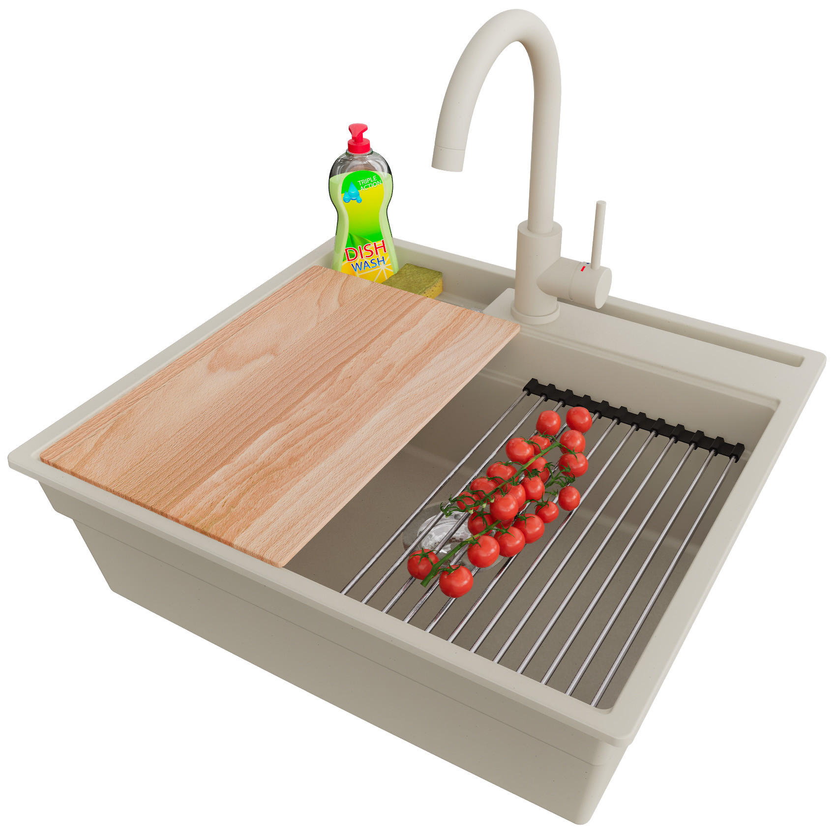 GRANITSPÜLE Oslo Pocket, 2-er set Beige 58/53 cm 1 Becken + Küchenarmatur 32/20 cm + Ablauf-Set + Küchenzubehörset ab 60er Unterschrank - Chromfarben/Beige, Kunststoff (58/20/53cm) - Primagran