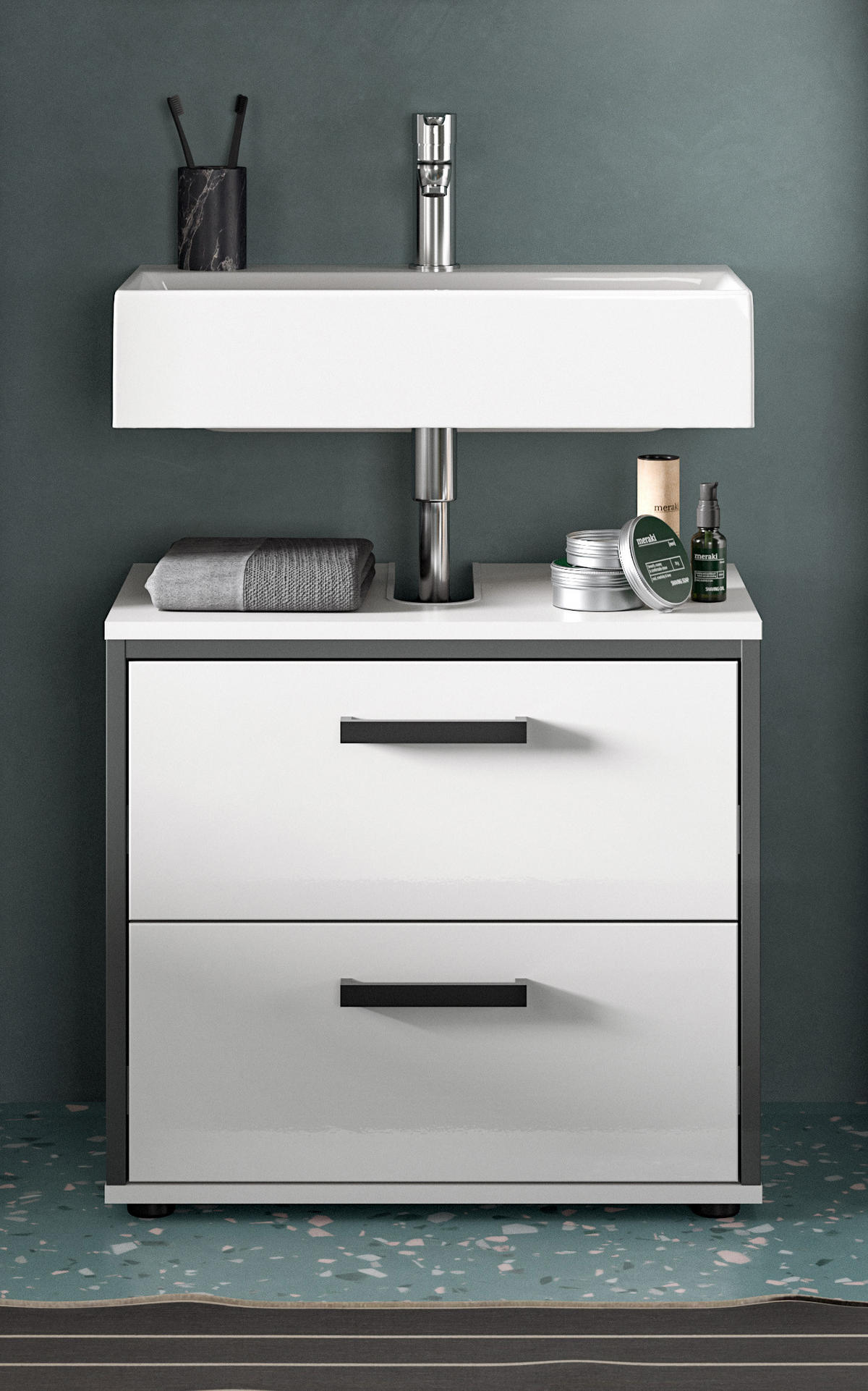 WASCHBECKENUNTERSCHRANK KOJAK (B/H/T: ca. 60/55/37 cm) in weiß/weiß hochglanz - Weiß, Holzwerkstoff (60/55/37cm)