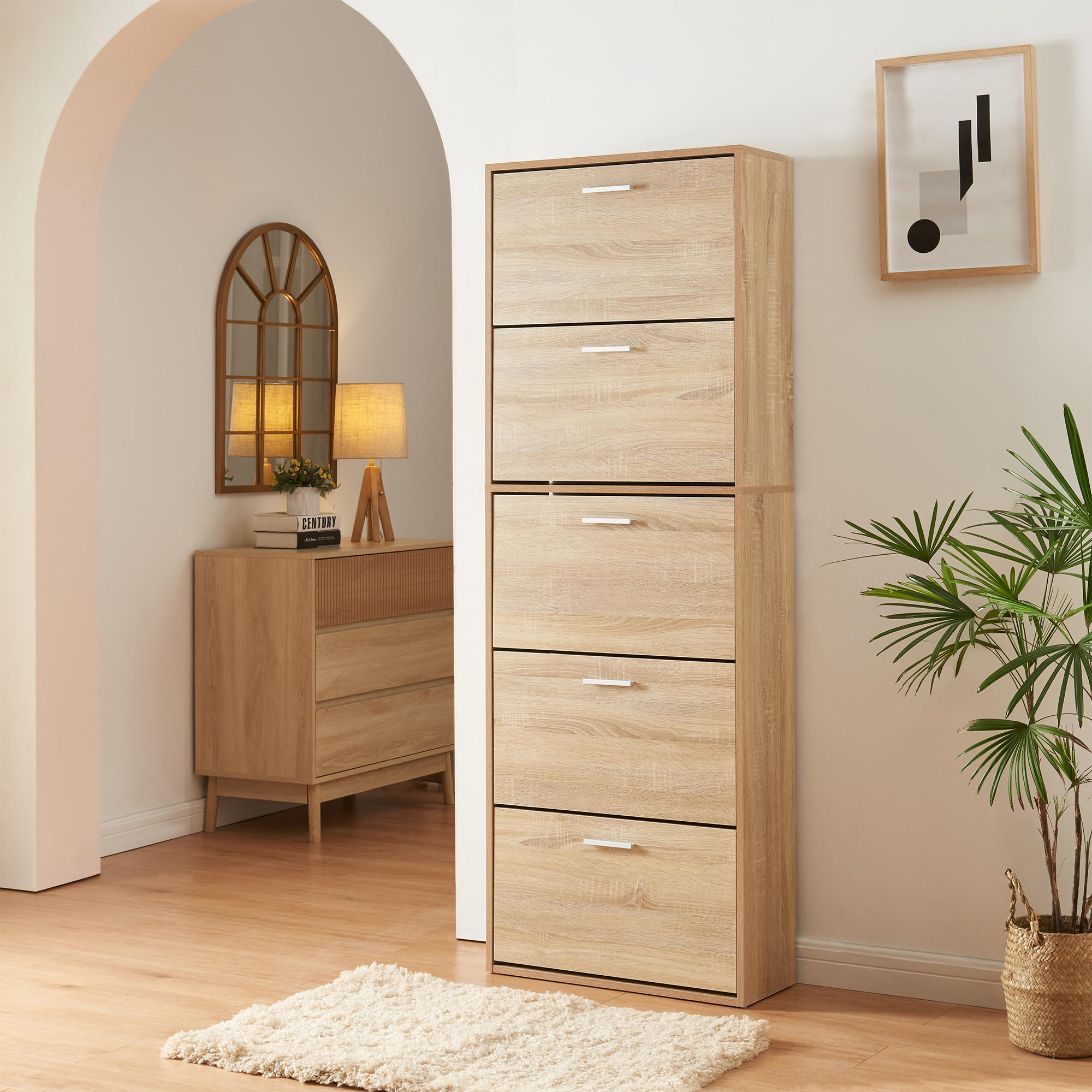 Thumbnail - [en.casa] Schuhschrank, Sonoma Eiche, Holzwerkstoff, 60x169x24 cm, Garderobe, Schuhaufbewahrung, Schuhkipper