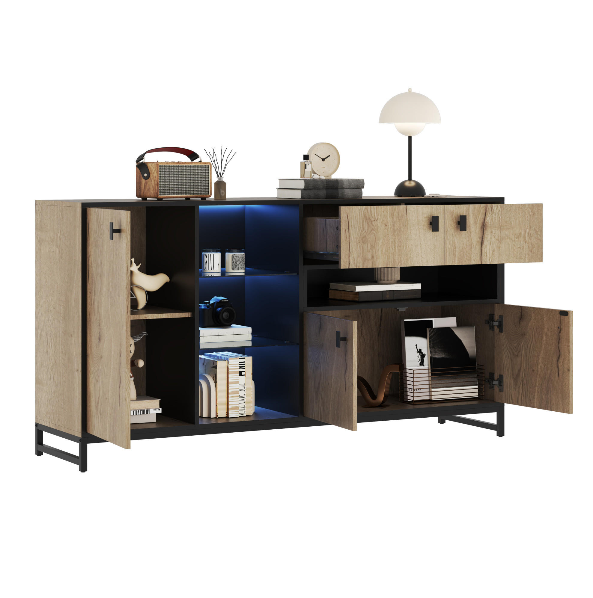 SIDEBOARD 160/40/84,5 cm mit LED-Beleuchtung, Glasregalen und verstellbarem Einlegeboden, Natur - Naturfarben, Holzwerkstoff (160/84.5/40cm) - Redom