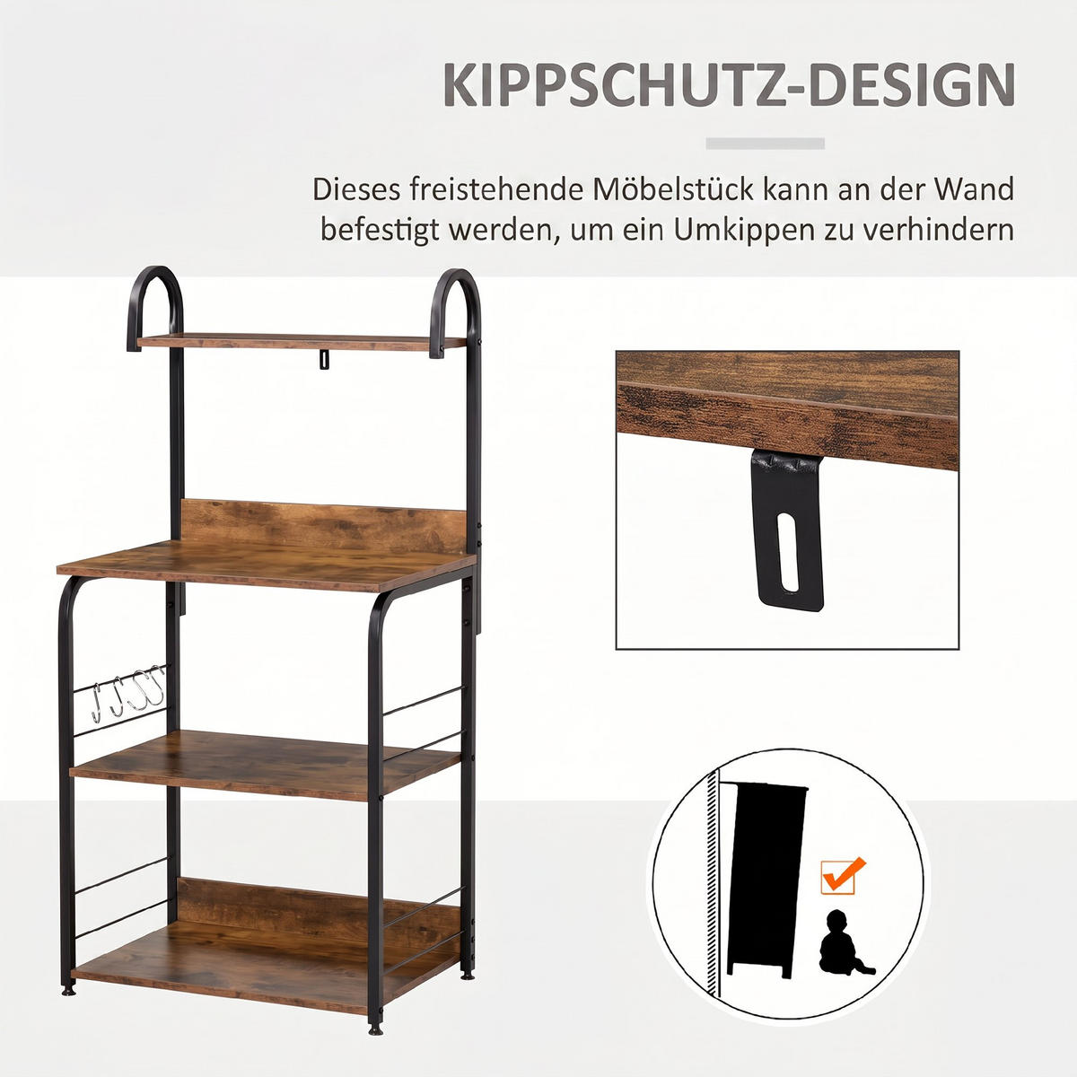 KÜCHENREGAL Holzwerkstoff, Stahl Rustikal-Braun - Braun, Holzwerkstoff (40/125/60cm) - HOMCOM