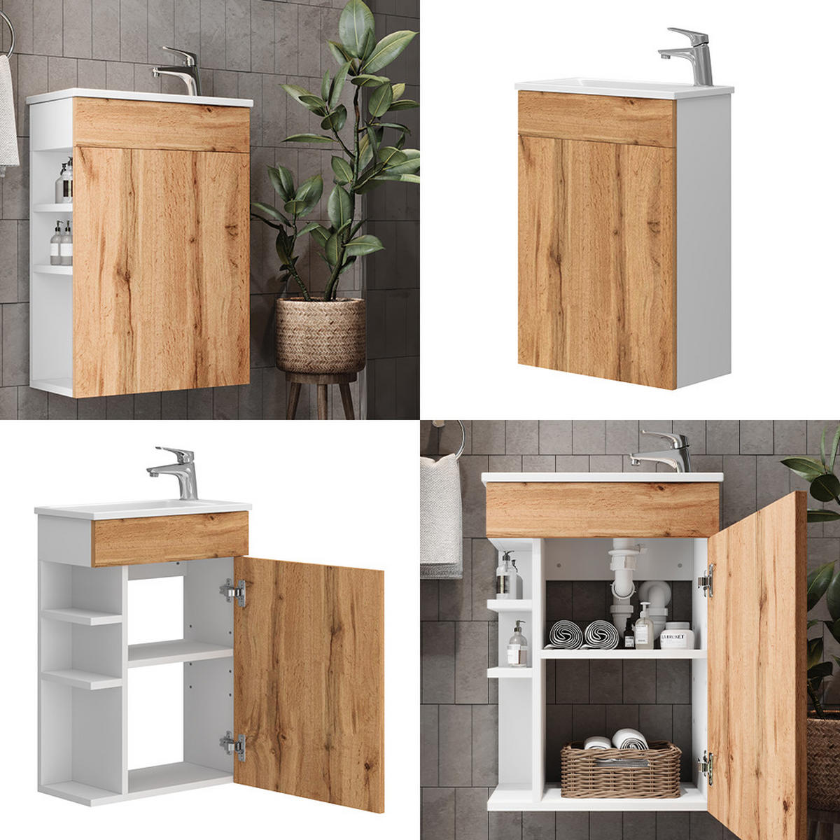 WASCHTISCHKOMBI Amadeo, Goldkraft Eiche/Weiß, 2 Teile, mit Waschbecken - Honigeiche, Holzwerkstoff (50/70/25cm) - Vicco