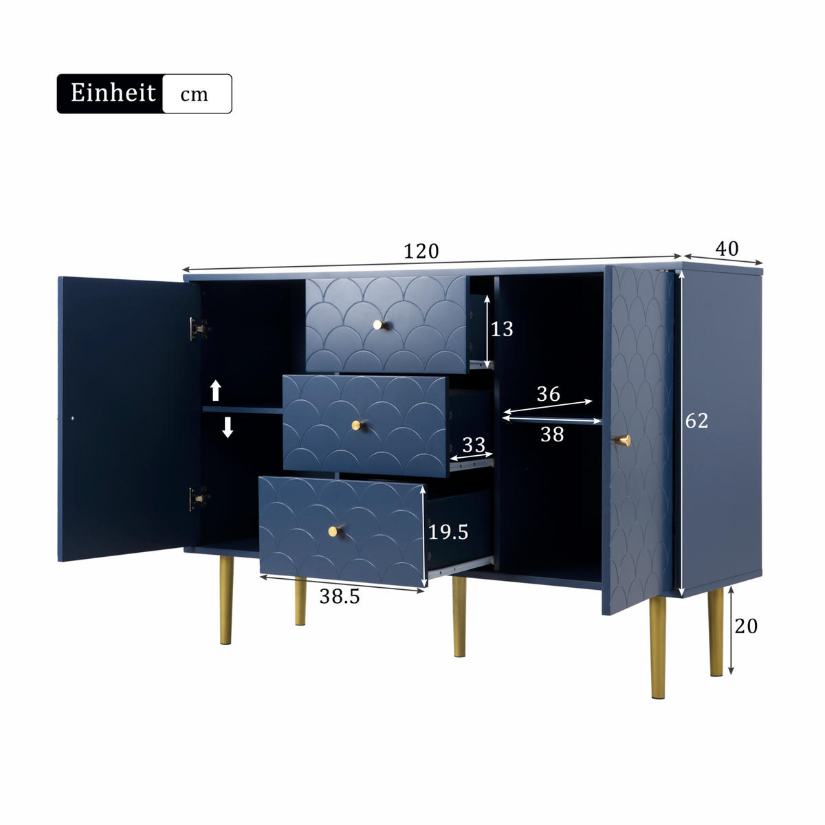 KOMMODE aus Holz und Metall 120x40x83 cm Marineblau mit 2 Türen, 3 Schubladen und verstellbarem Einlegeboden - Dunkelblau, Metall (120/83/40cm) - Modfu