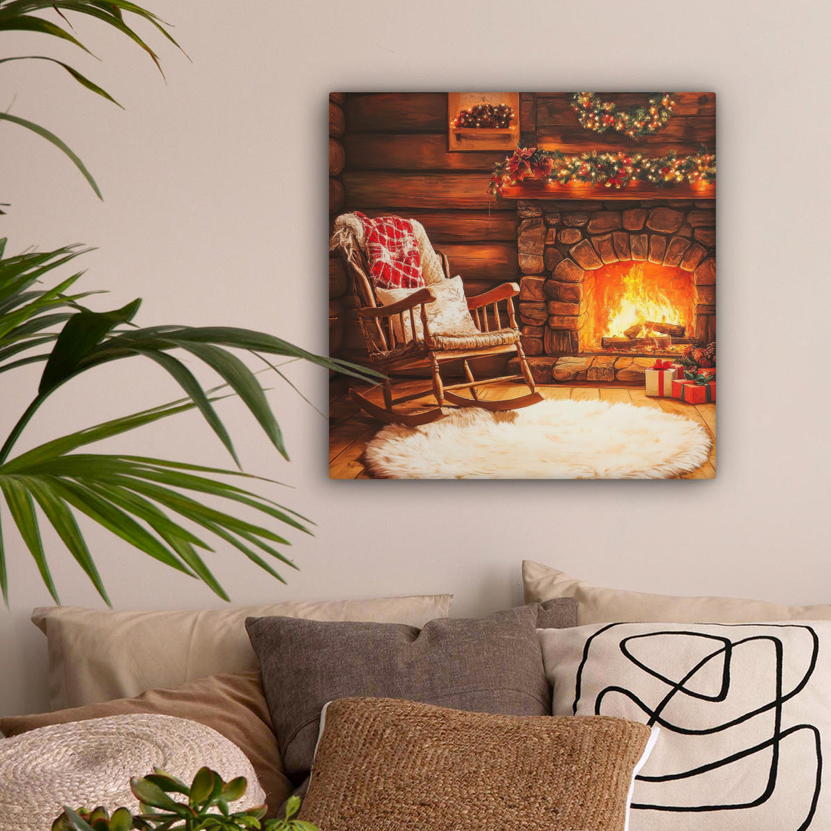 LEINWANDBILD Winter - Weihnachten - Zuhause - Kamin 50x50 cm - Bernsteinfarben, Textil (50/50cm) - MuchoWow