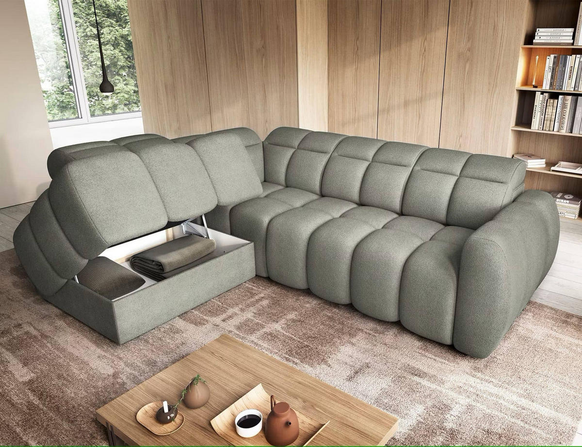 ECKSOFA mit elektrischem Sitzvorschub, Bettkasten und verstellbare Kopflehnen - Grün, Naturmaterialien/Textil (258/208cm) - Eltap