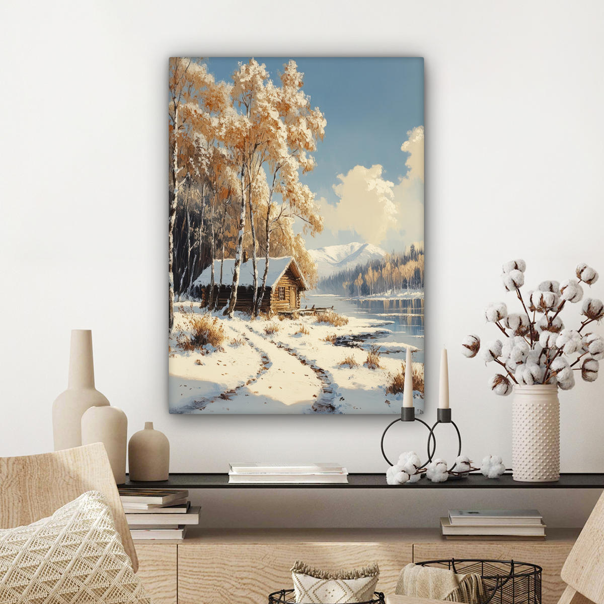 LEINWANDBILD Winter - Schnee - Zuhause - Natur 60x80 cm - Hellbraun, Textil (60/80cm) - MuchoWow