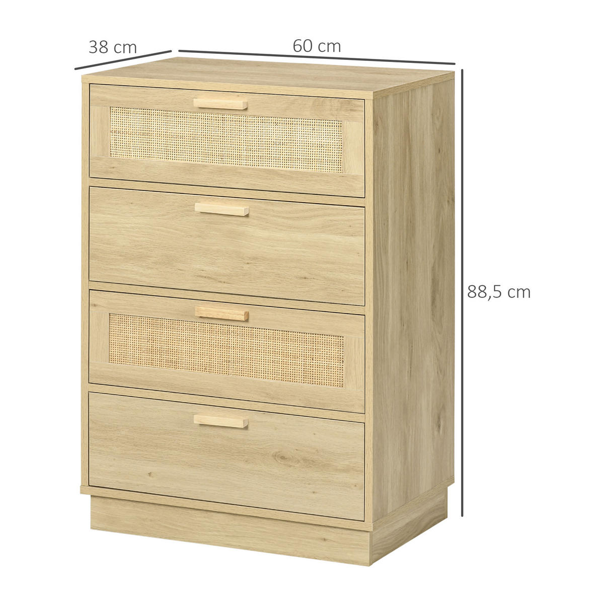 KOMMODE Naturfarben 4 Schubladen Rattan-Optik 60/38/88,5 cm - Naturfarben, Holzwerkstoff (60/88.5/38cm) - PANGIVO