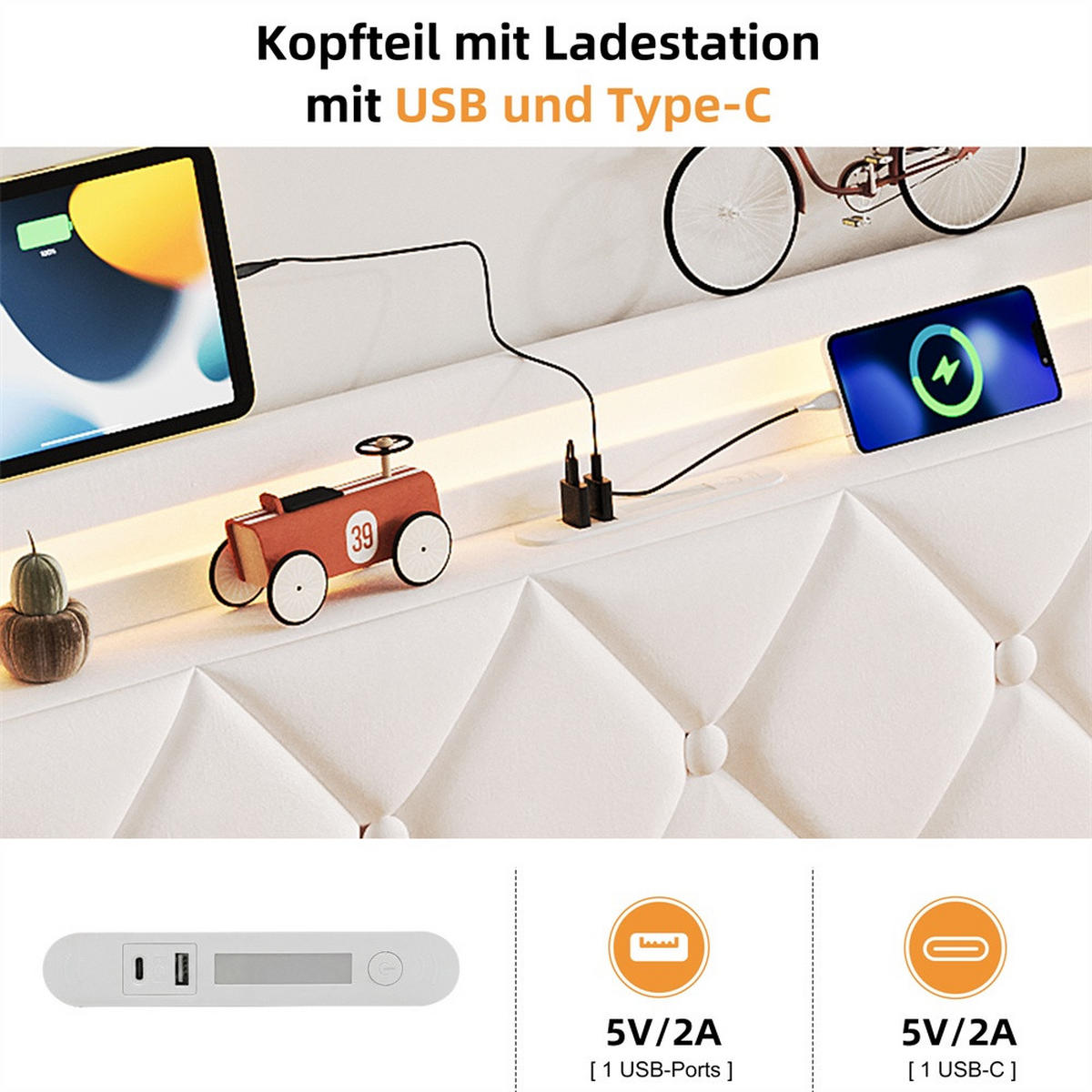 POLSTERBETT 160x200 cm mit hydraulischem Stauraum - Kopfteil Regal & LED - USB - ohne Matratze - Beige - Beige, Textil (160/200cm) - DELFA