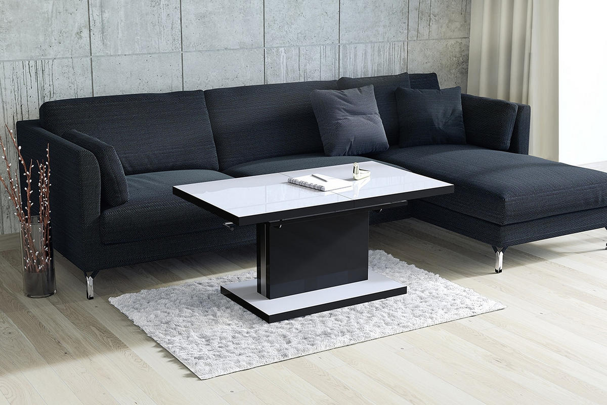 COUCHTISCH rechteckig Weiß Hochglanz Schwarz Hochglanz ausziehbar höhenverstellbar - Schwarz Hochglanz/Weiß Hochglanz, Holzwerkstoff (80/120/56cm) - designimpex