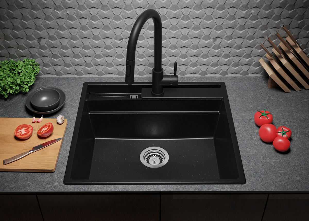 SPÜLBECKEN Oslo Pocket, 2-er set Schwarz Metallic 58/53 cm 1 Becken + Ablauf-Set + Küchenzubehörset ab 60er Unterschrank - Chromfarben/Schwarz Hochglanz, Kunststoff (58/20/53cm) - Primagran