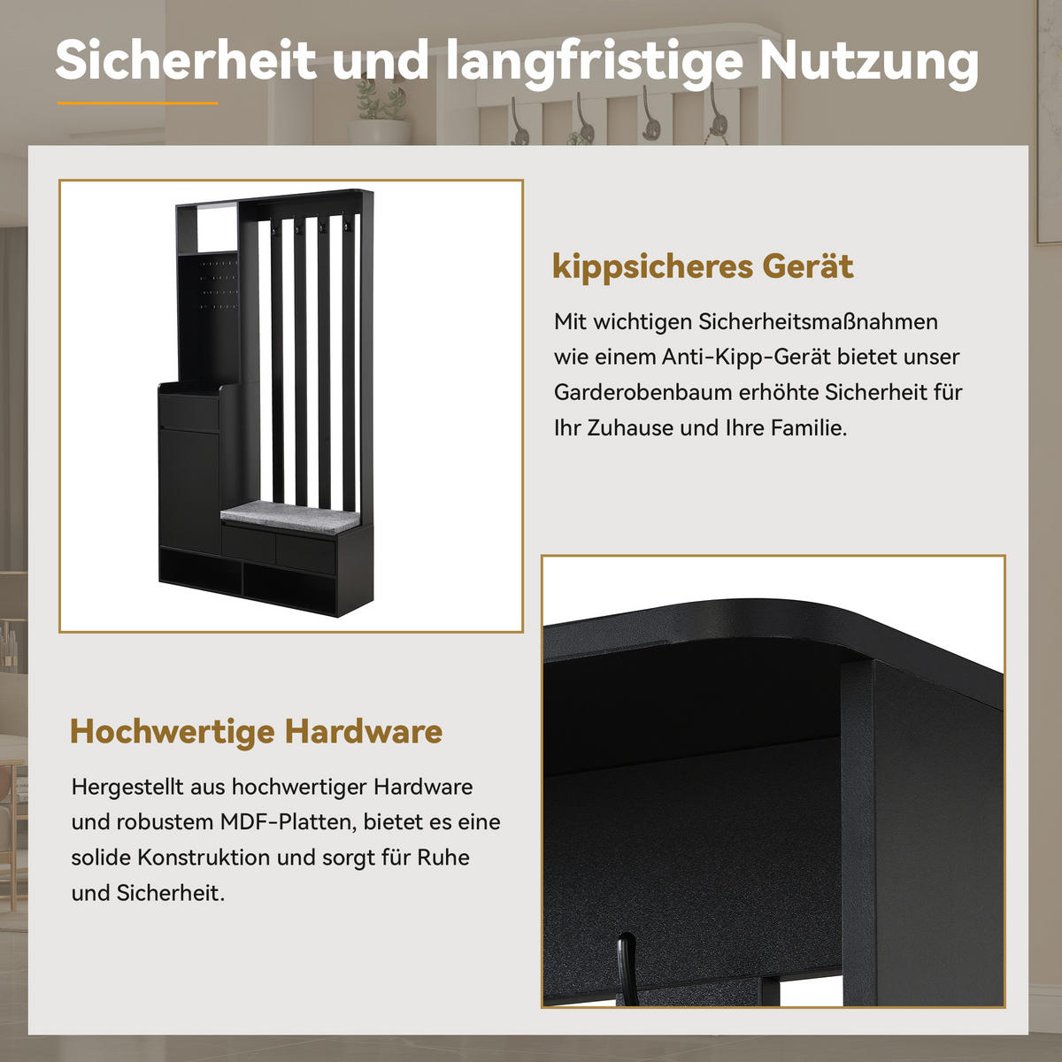 GARDEROBE Schwarz Bank 4 Haken Schuhschrank 100x35x180cm - Schwarz, Holzwerkstoff (35/180/100cm) - FLIEKS