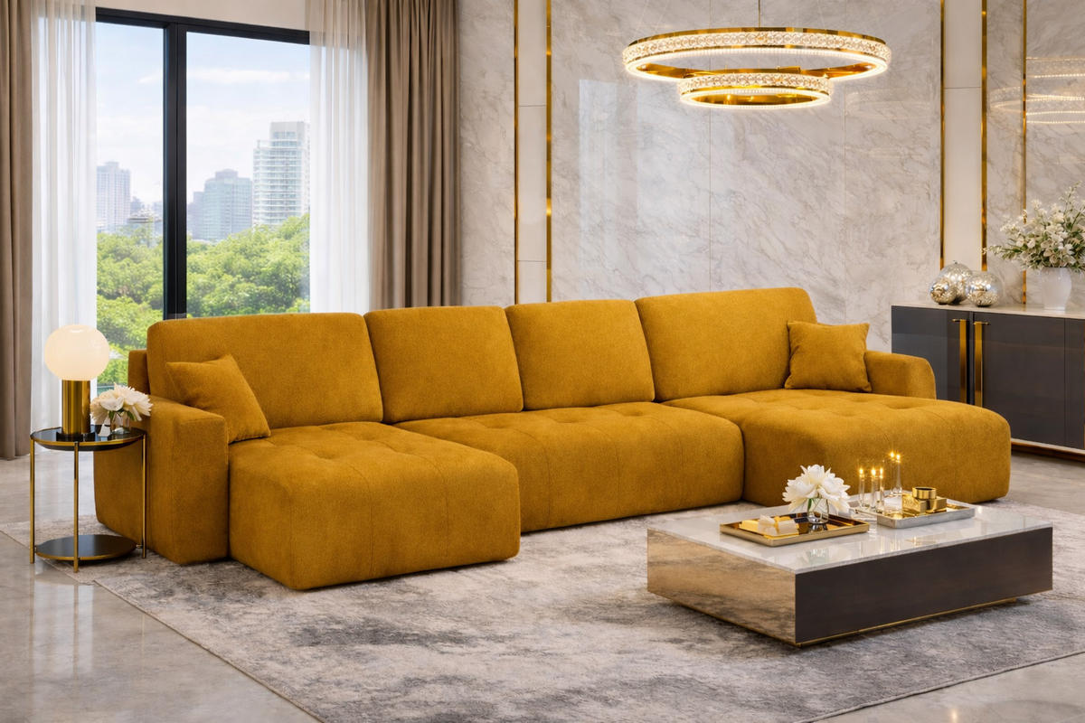 ECKSOFA Mit Schlaffunktion Und Bettkasten U-Form Ivo U, Veloursstoff Salvador, Gelb - Gelb, Holz (342/142cm) - Kaiser Möbel